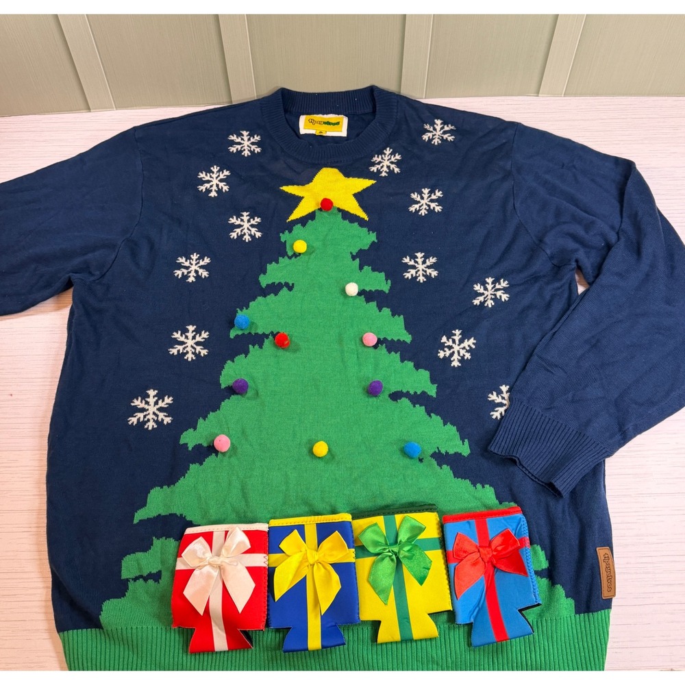 Tipsy Elves Mens 3XL Ugly Christmas Sweater Tree Drink Holder Navy